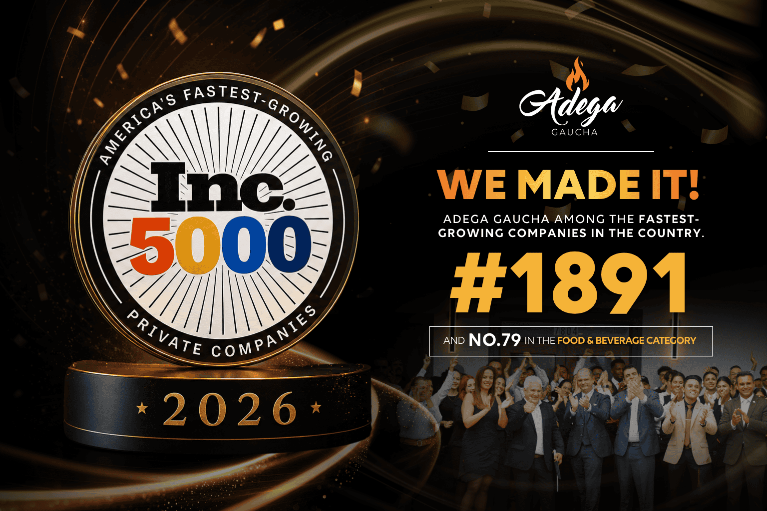 Adega Gaucha Inc. 5000 for Strong Three-Year Revenue Growth, Earning a Rank of No. 79 in Food & Beverage on the 2026 Inc. 5000 List of America’s Fastest-Growing Private Companies.